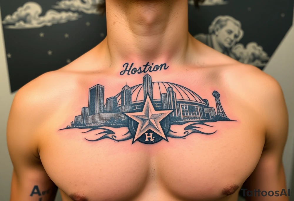 Houston texas skyline Behind houston astrodome, stars nighttime stars and clouds, Houston Astros cursive in sky, Houston Astros star on neck, Benjamin Franklin money roll space suit fill in smoke stars tattoo idea