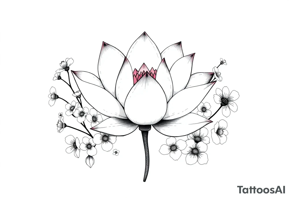 Lotus flower surrounded by forget me nots and peonies tattoo idea