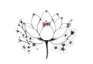 Lotus flower surrounded by forget me nots and peonies tattoo idea