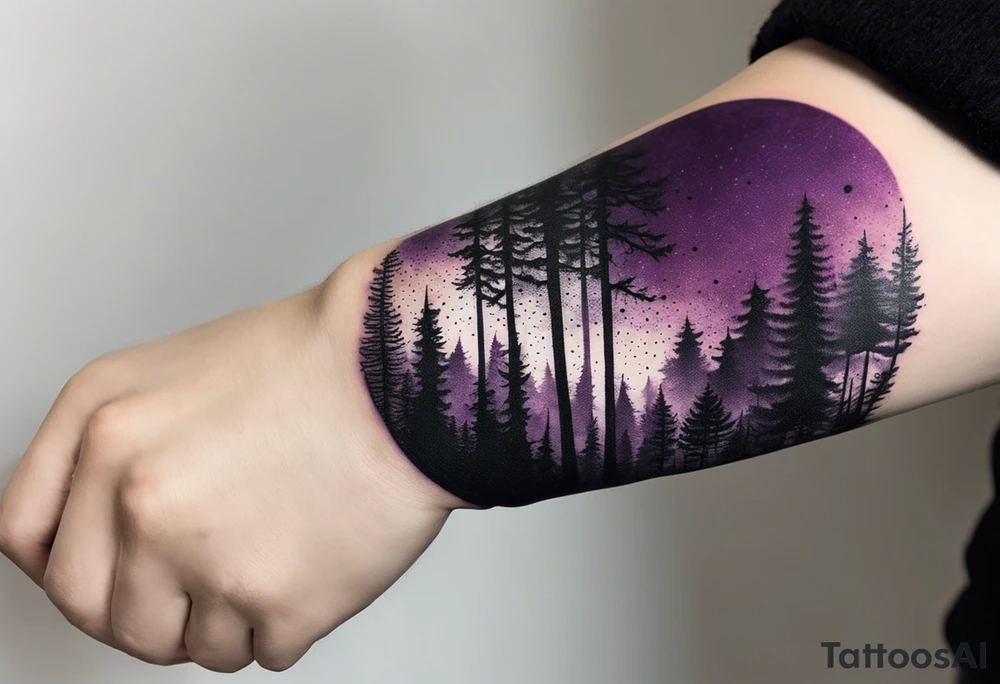 forest, purple and black, covered from wrist to forearm, fully covered, no borders, blackwork tattoo idea