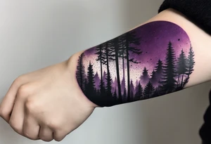 forest, purple and black, covered from wrist to forearm, fully covered, no borders, blackwork tattoo idea