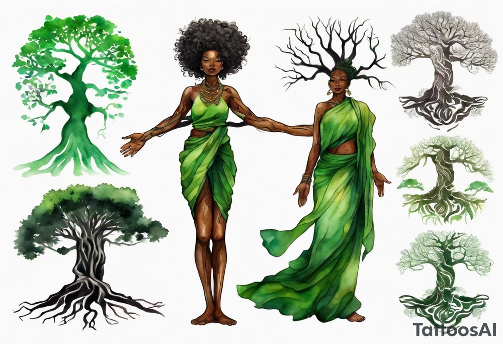 a tree trunk with roots that is a black woman from the waist up, feet made of tree roots, wearing a green tunic, arms stretched upwards towards the blazing sun tattoo idea