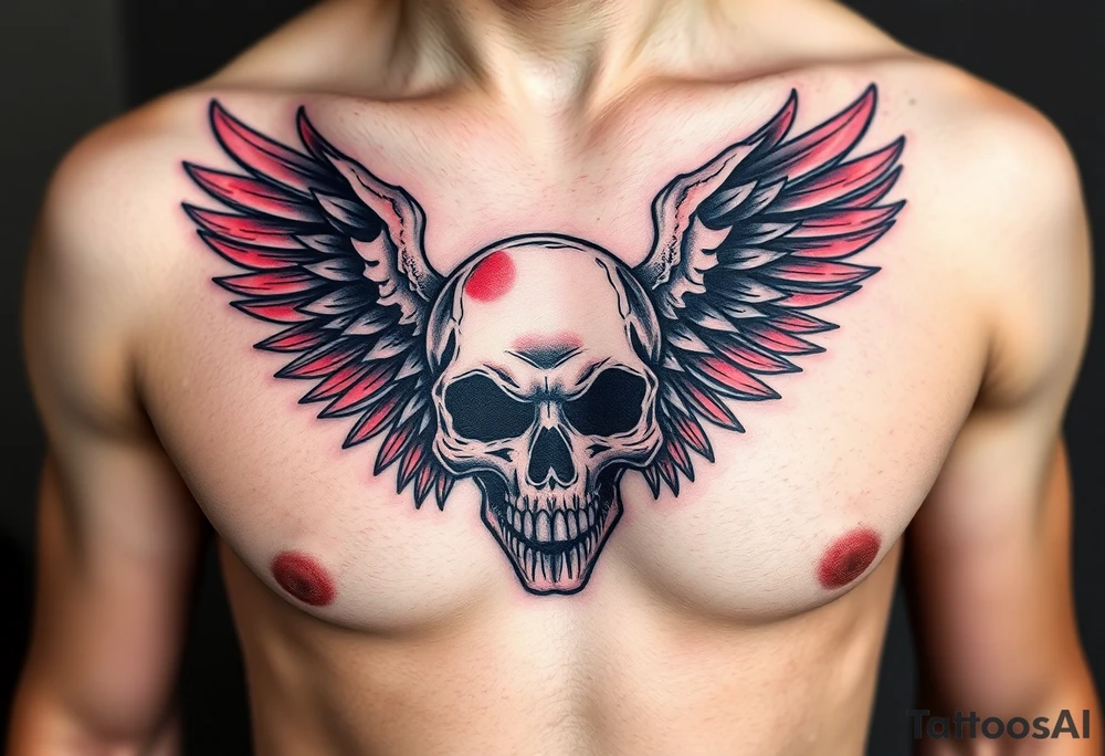 Angel skull black and red on left chest male tattoo idea