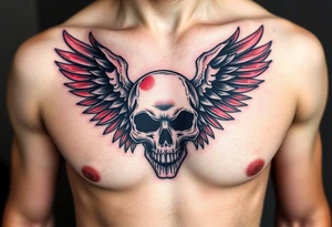 Angel skull black and red on left chest male tattoo idea