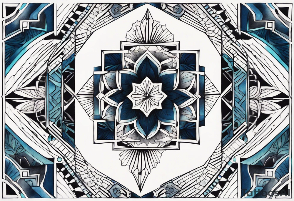 semi Detailed neo traditional knee tattoo flat on paper. The tattoo features geometric patterns and bold lines, creating a visually striking design with slight tints of deep fall colors. The background 
outside the tattoo features deep blues washes and water swirls tattoo idea