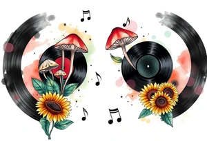 two overlapping vinyl records with mushrooms, sunflowers, and music notes tattoo idea