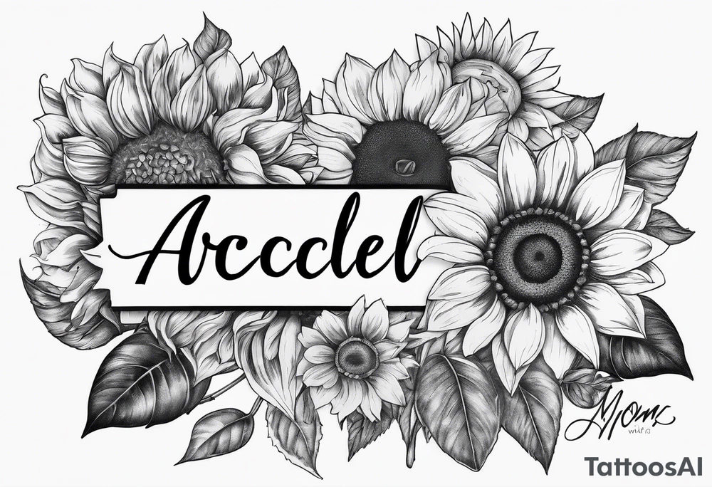 My moms name in cursive Araceli with sunflowers around it with shading all around tattoo idea