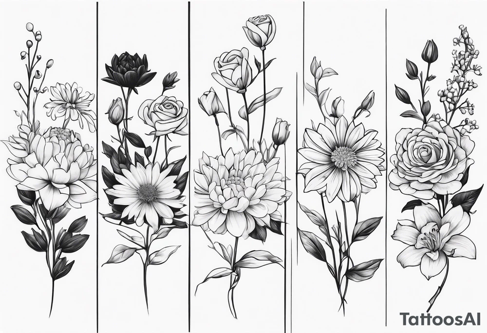 Asters, roses, lily of the valley, and chrysanthemums in a long line tattoo idea