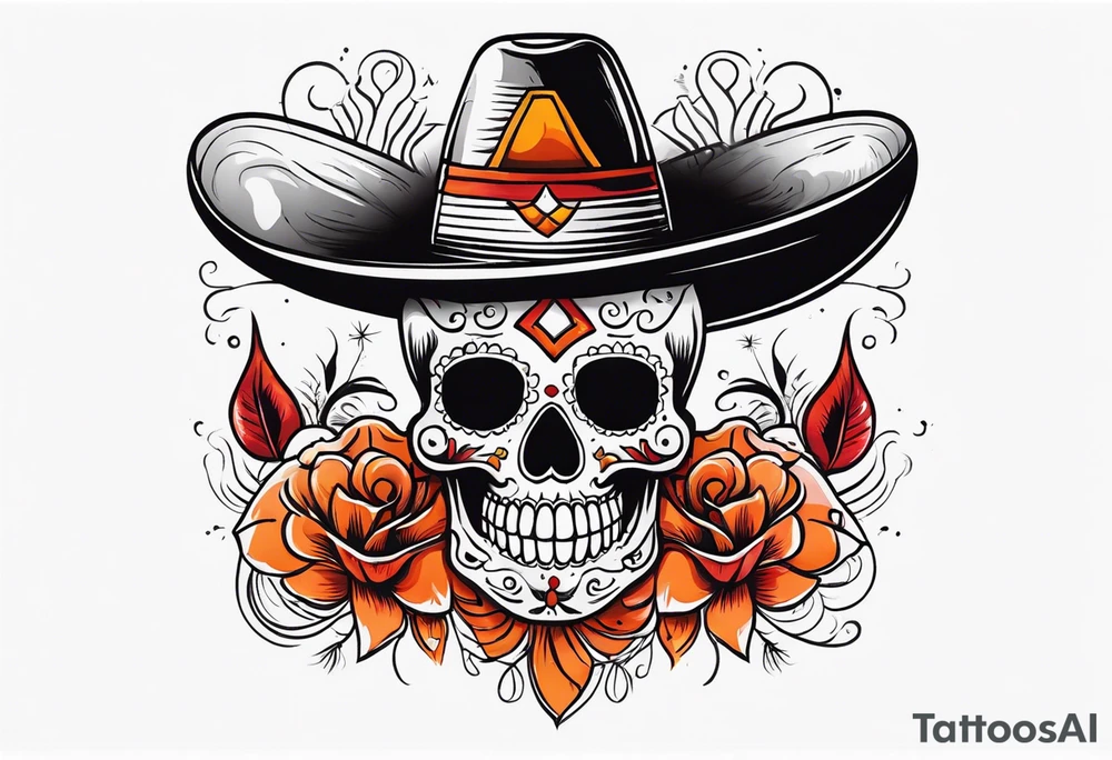 Mexican skull with sombrero with smoke coming out of the bottom orange and red tattoo idea