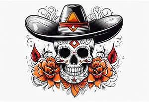 Mexican skull with sombrero with smoke coming out of the bottom orange and red tattoo idea