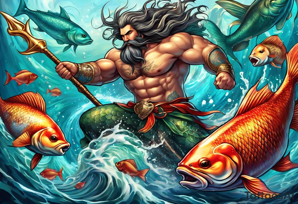 muscular
god 
posideon fighting a sport fish with a trident surrounded by mermaids tattoo idea