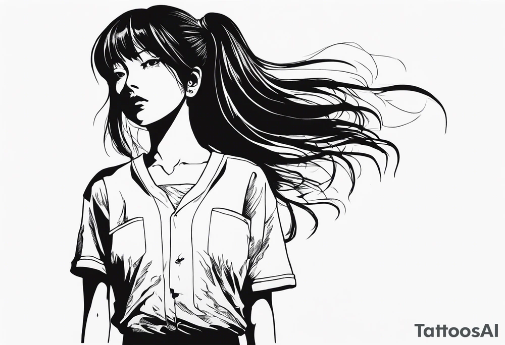 portrait of tomie standing up a character by the horror manga author junji ito full body standing murderously. add more horror and gore elements tattoo idea