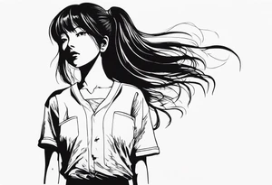 portrait of tomie standing up a character by the horror manga author junji ito full body standing murderously. add more horror and gore elements tattoo idea