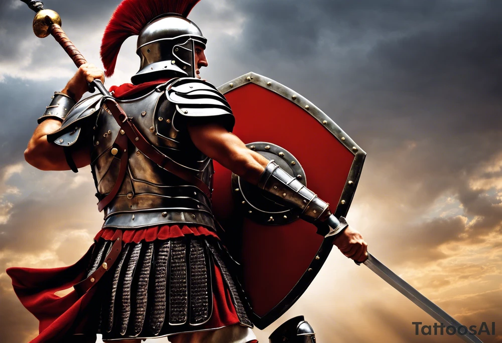 a high ranking roman centurion, soldier, AD 60, wearing armour which must include an armoured belt, breastplate, armoured shoes, shield, helmet and sword. the soldier is strong, tall, large, fit, muscular. the soldier is faceless. We can see the full body of the centurion, from his shoes to his helmet. The soldier is mid-battle, fending off flaming arrows with his shield, advancing towards the enemy, attacking the enemy. attacking pose. The image should be extremely detailed. Need to see the full soldier. tattoo idea