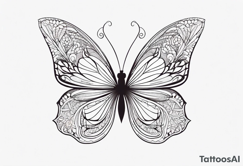 Minimalist butterfly with gently curved wings, adorned with delicate lace-like patterns and subtle floral accents, emphasizing simplicity and elegance. tattoo idea