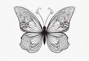 Minimalist butterfly with gently curved wings, adorned with delicate lace-like patterns and subtle floral accents, emphasizing simplicity and elegance. tattoo idea