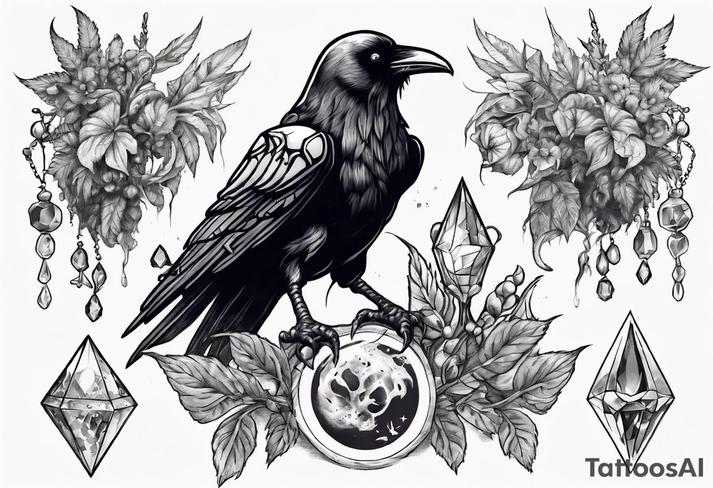 Demon Raven surrounded gems poisonous plants and astrology. tattoo idea