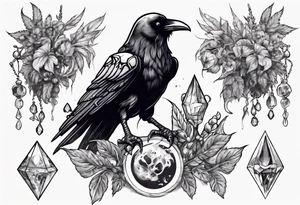 Demon Raven surrounded gems poisonous plants and astrology. tattoo idea