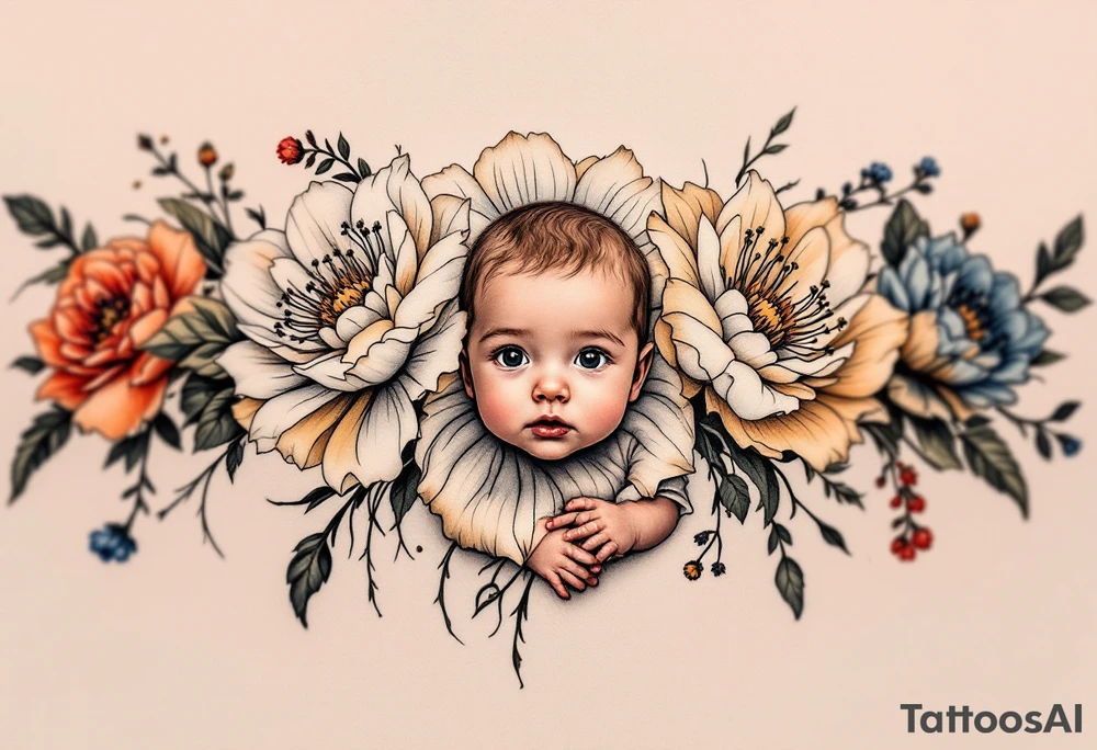 A row of birth flowers with the son’s face in the center, highlighted in full color, while others are shaded in black. tattoo idea