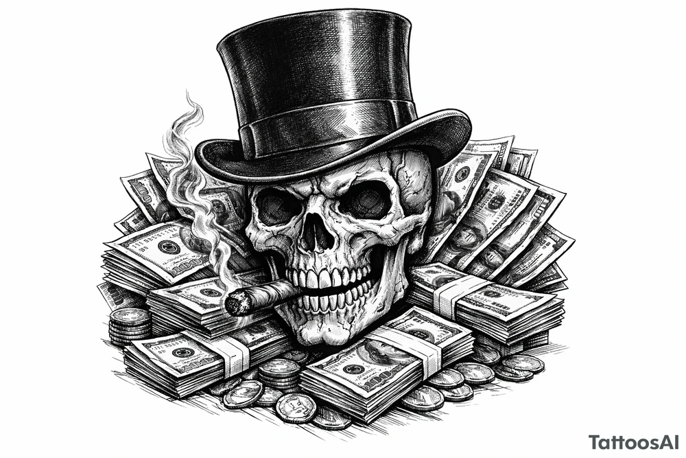skull with cigar in mouth,top-hat,surrounded by money. tattoo idea
