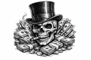 skull with cigar in mouth,top-hat,surrounded by money. tattoo idea