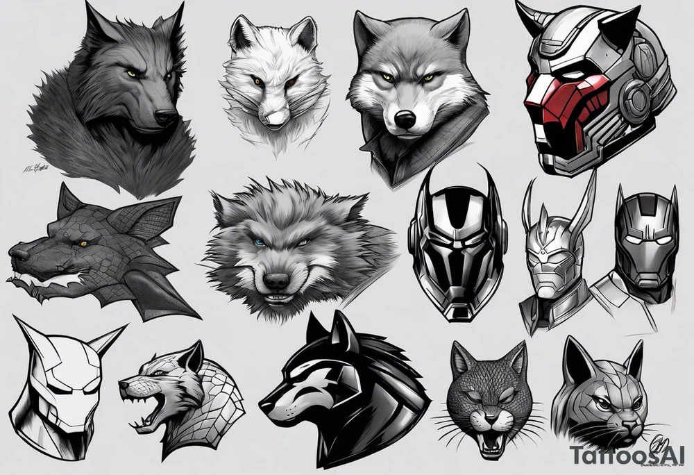 I want to change Avengers Team characters with animals. Hulk will be Badger, Thor will be Alpha Grey Wolf, Captain America will be Bull, Iron Man will be Canary, Black Widow will be Axolotl, Hawk Eye will be Sudan Plated Lizard and Nick Fury will be Cat. tattoo idea