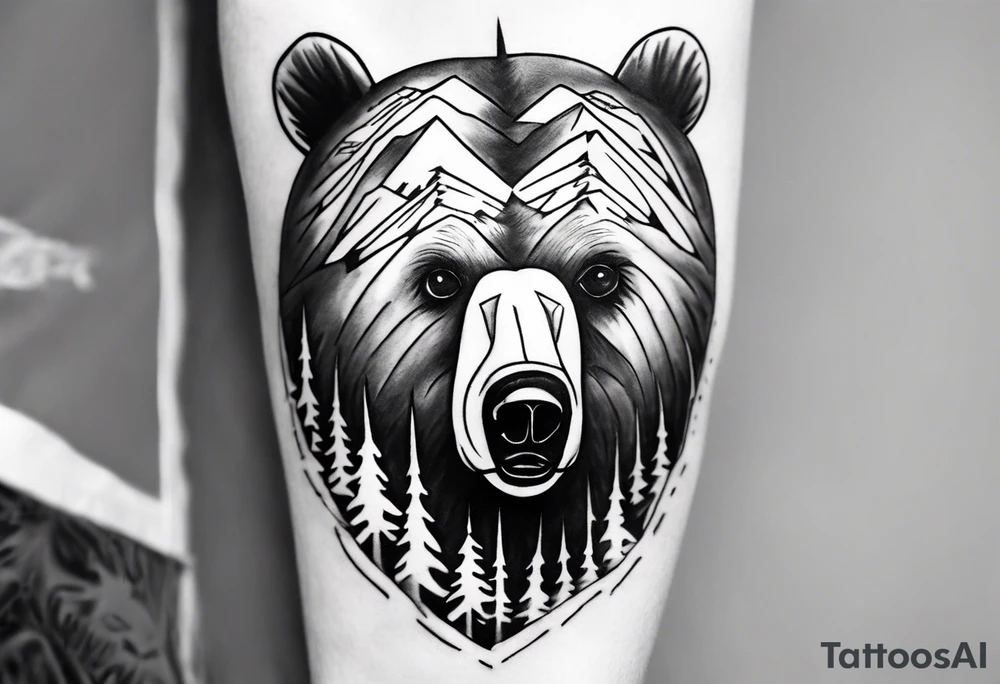 bear head right above the forest line with a lake below, full arm sleeve tattoo tattoo idea
