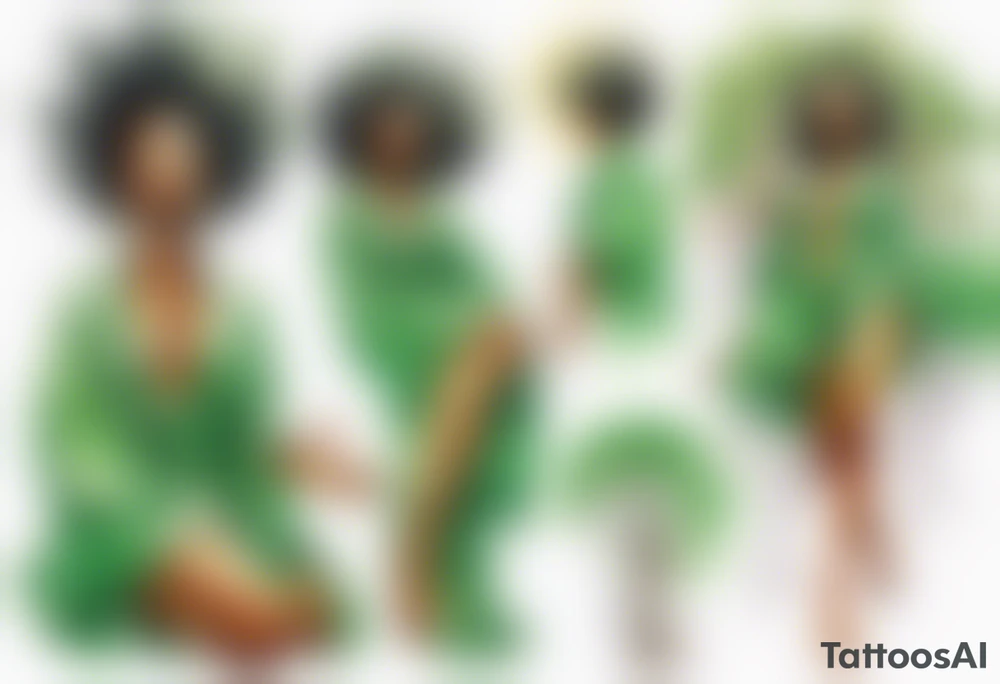 a beautiful black woman wearing a green robe with legs that turn into tree roots, arms reaching up towards the sun tattoo idea