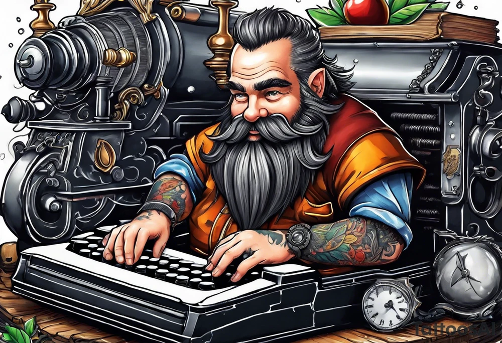 dwarf coming out of a typewriter tattoo idea