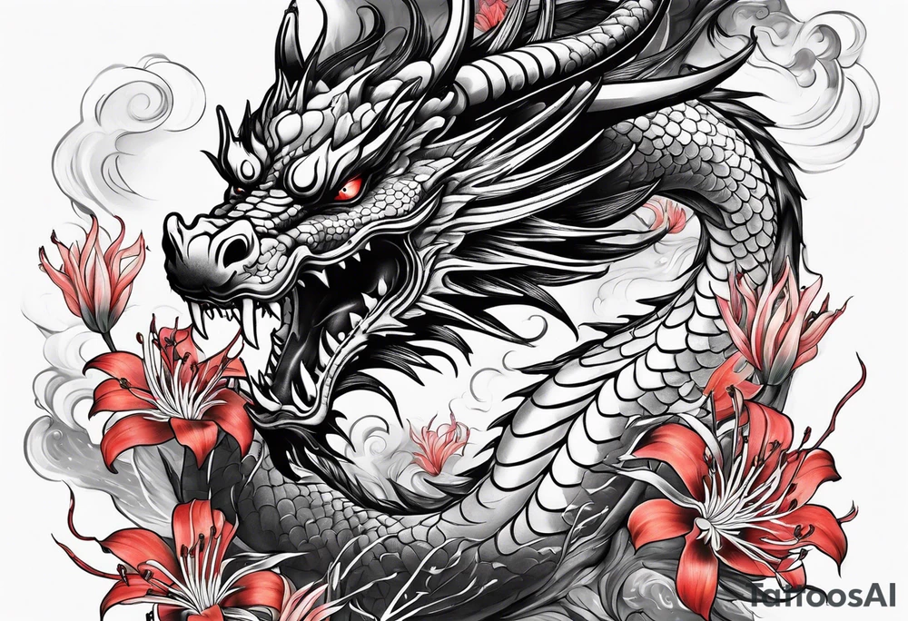 full Dragon with red Spider lilies surrounding it tattoo idea