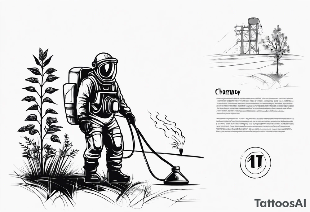 chernobyl radiation suit with cleaning tank spraying a plant tattoo idea