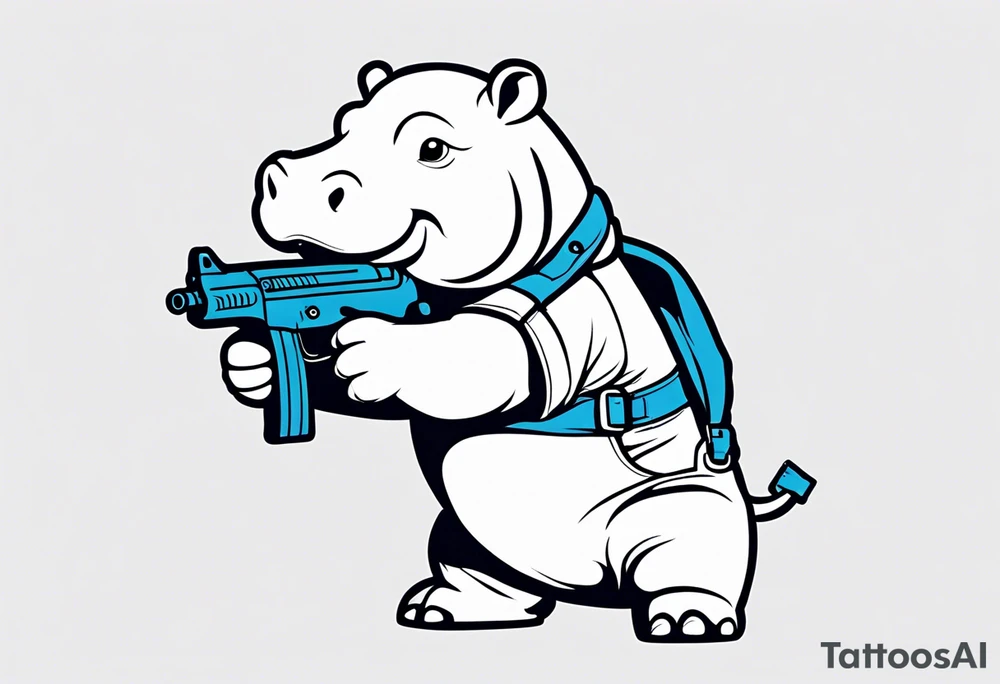 Baby hippo wearing overalls and holding a weapon tattoo idea