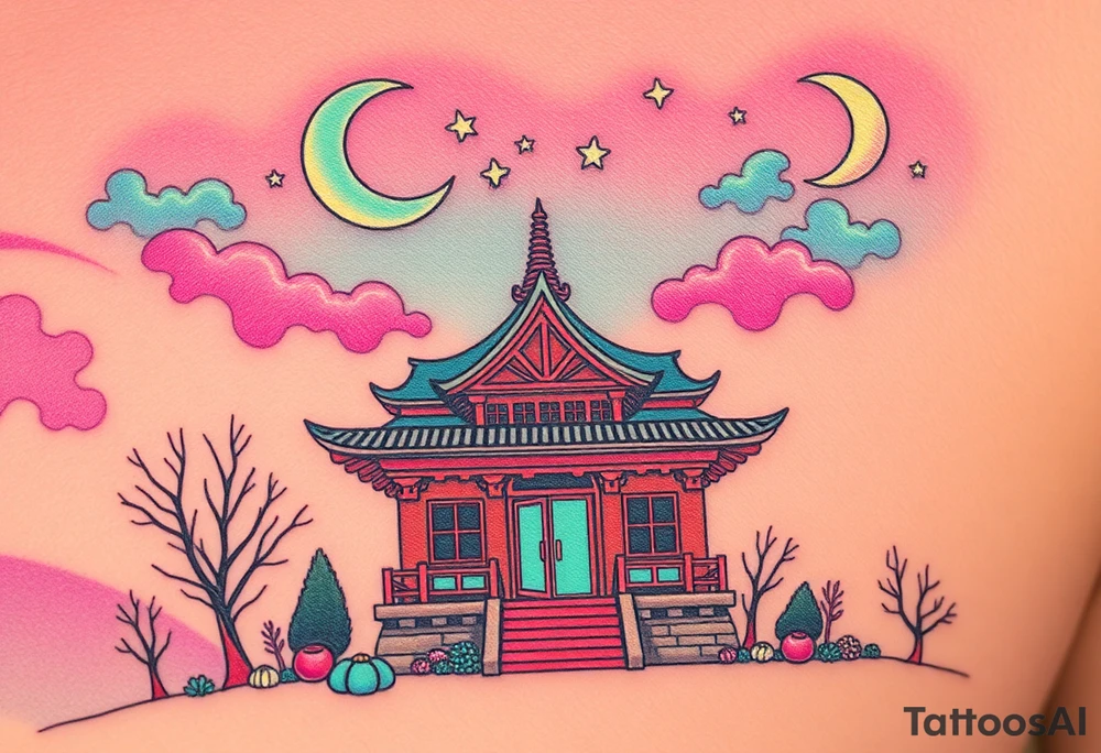 Tim Burton’s haunted pastel Tokyo shrine is abandoned and dripping with muted reds, dusty pinks, and eerie green glow.purple and cyan smokey clouds swirl in the crescent moonlit sky thats sprinkled with stars tattoo idea tattoo idea