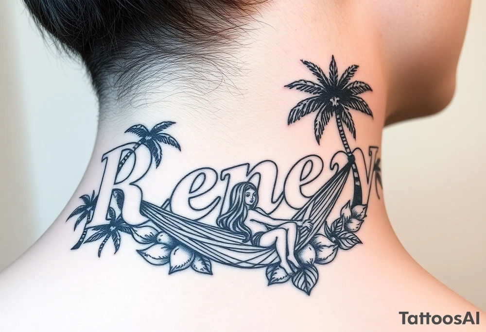 The name reney surrounded by tropical scenery with palm trees and a girl with long hair in a hammock tattoo idea