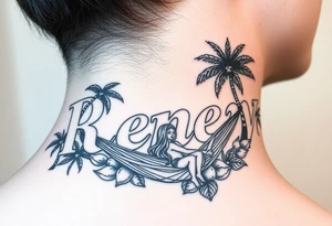 The name reney surrounded by tropical scenery with palm trees and a girl with long hair in a hammock tattoo idea