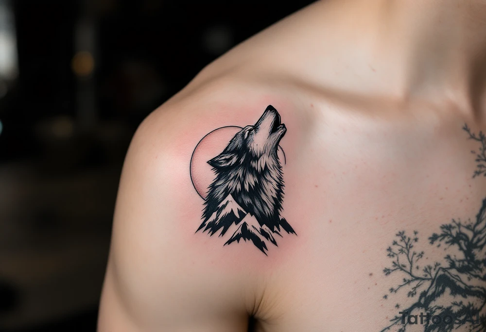 wolf on mountain howling at moon tattoo idea