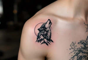 wolf on mountain howling at moon tattoo idea