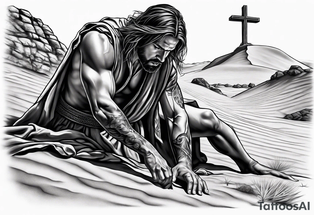 man crawling in a desert toward the cross of Christ tattoo idea