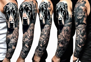 (full arm sleeve on guy) with (4) Four Great Dane floppy ear dogs with an outdoor vibe tattoo idea