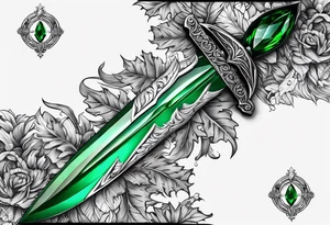 An athame dagger with an oak hilt turned upright and emerald gemstones on it tattoo idea