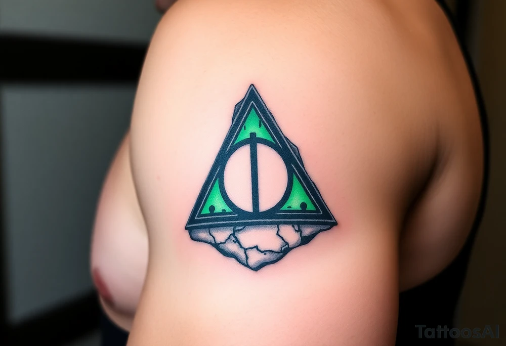 A Deathly Hallows full symbol etched into an ancient-looking stone, with deep cracks and glowing runes in eerie green light tattoo idea