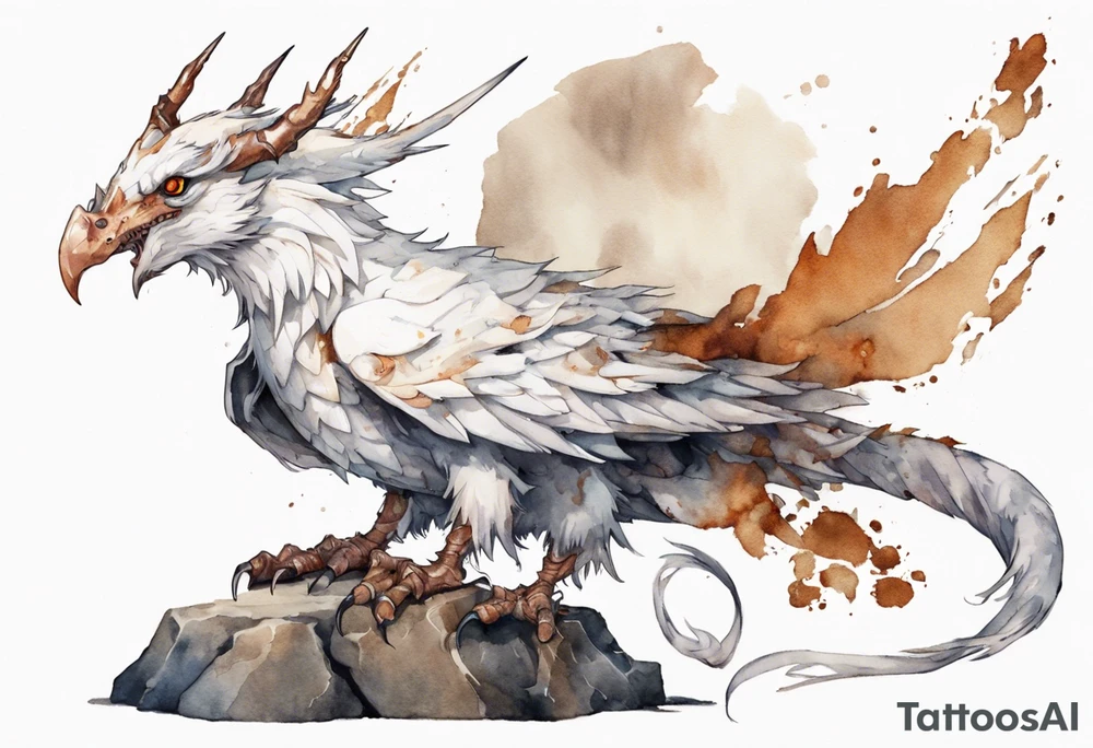a white bird-wyvern hybrid, wearing a rusted iron crown, perched on a stone tattoo idea