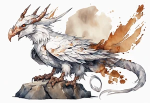 a white bird-wyvern hybrid, wearing a rusted iron crown, perched on a stone tattoo idea
