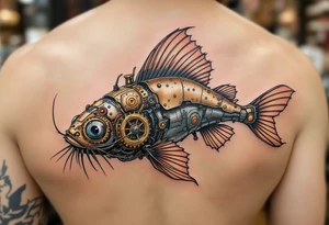 Steampunk Catfish – A mechanical version with bronze and copper body plates, gear-like whiskers, and a rusted tail, blending fish and machine. tattoo idea