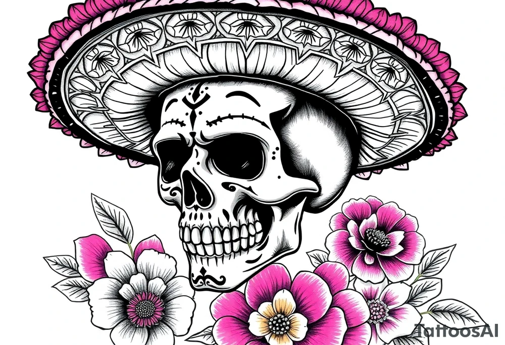 Day of the Dead skull wearing a brightly colored sombrero, vibrant floral background. tattoo idea
