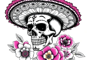 Day of the Dead skull wearing a brightly colored sombrero, vibrant floral background. tattoo idea