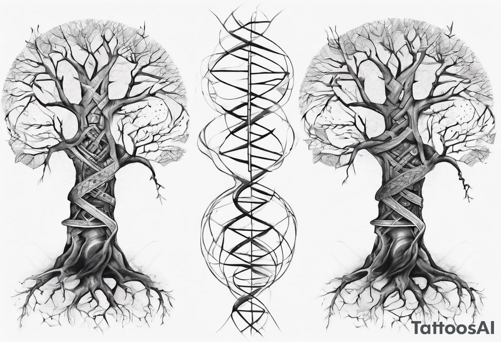 Tree with no leaves with it's main trunk main of DNA with geometic work on sides tattoo idea Tree with no leaves with it's main trunk main of DNA with geometic work on sides tattoo idea
