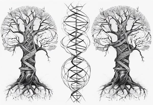 Tree with no leaves with it's main trunk main of DNA with geometic work on sides tattoo idea