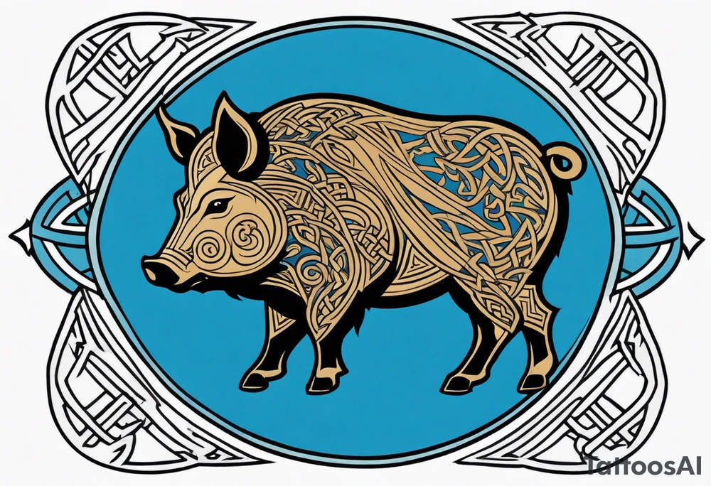 Side profile, Celtic, tribal, wild boar, On a Chatwin family crest with blue background, two gold stars, and a gold Chevron, and a Thistle tattoo idea