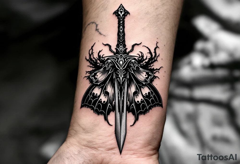 Dagger and Moth – A mystical dagger surrounded by a detailed black and gray moth, its wings featuring soft white highlights and subtle patterns resembling skulls. The dagger is dark silver with antique-style carvings. tattoo idea